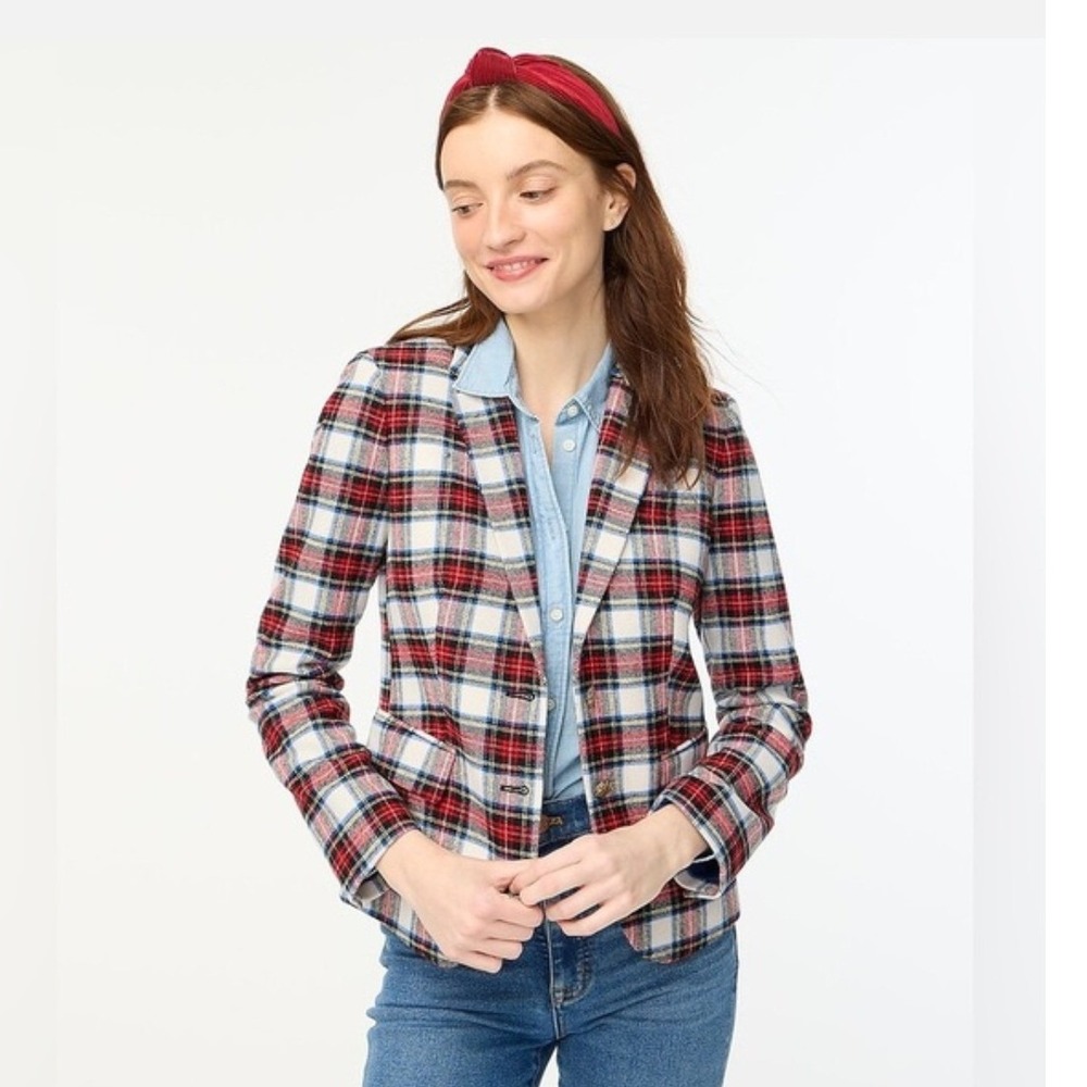 J.Crew Parke Blazer 12P Red White Blue Plaid Wool Blend Gold Crest Buttons BV943